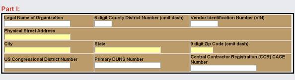 Graphic Example of Part I Entry Box.   Fields: Legal Name of Organization, 6 digit County District Number, Vendor Identification Number (VIN), Physical Street Address, City, State, 9 digit Zip Code, US Congressional District Number, Primary DUNS Number, Central Contractor Registration (CCR) CAGE Number