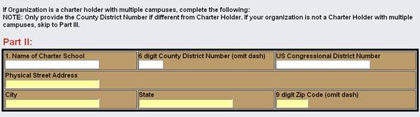 Graphic Example of Part II Entry Box.   Fields: Name of Charter School, 6 digit County District Number, US Congressional District Number, Physical Street Address, City, State, 9 digit Zip Code